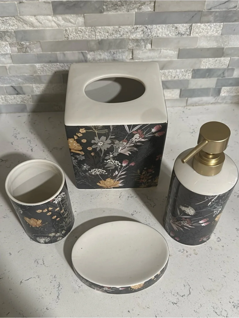 Floral Ceramic Bath Accessory Set in Charcoal - Brand: Kassatex